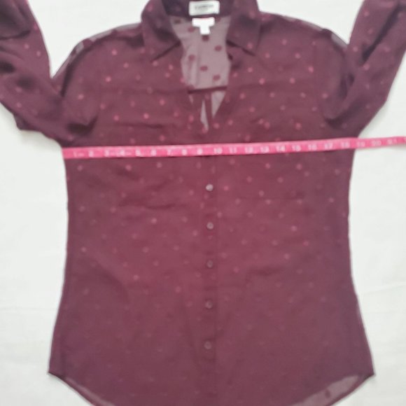 Express Women's Wine Red Slim Dotted Sheer Roll Tab Sleeve Portofino Shirt S/P - Picture 10 of 15